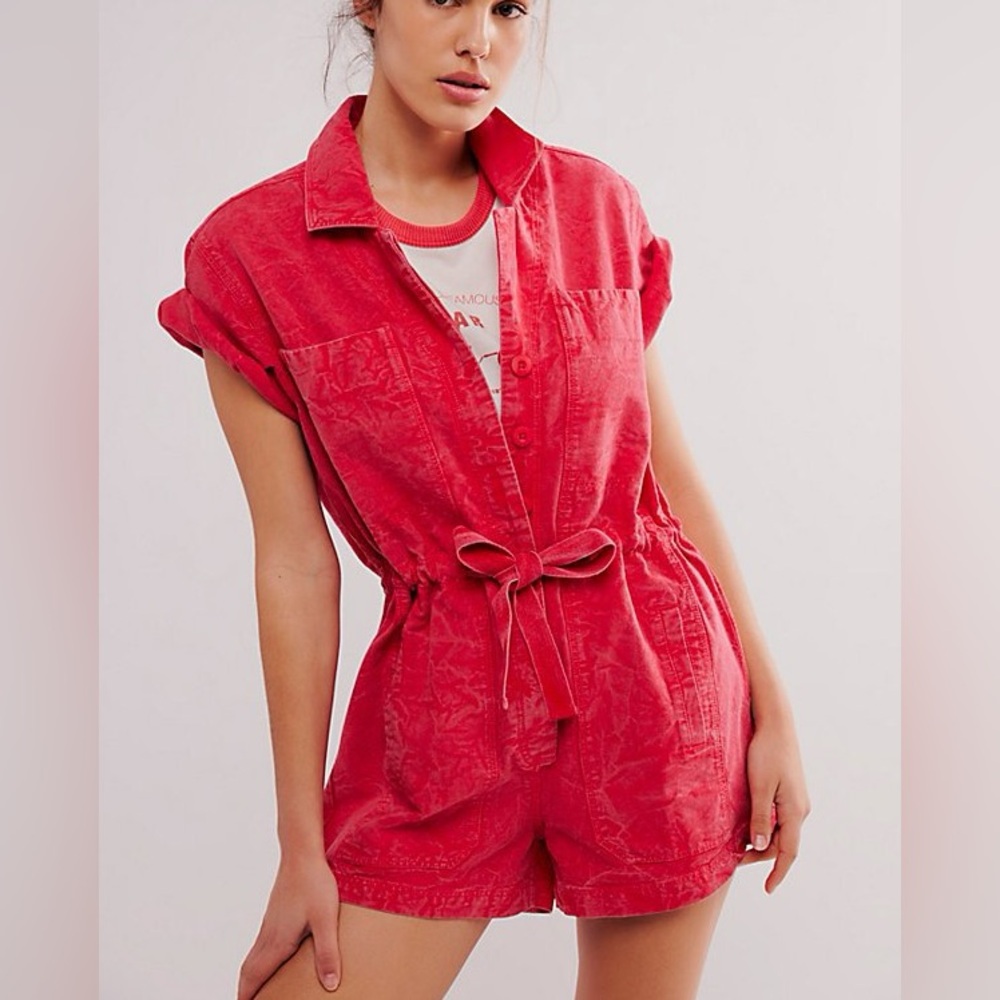 NWT new Free People Rhodes Chino coverall overalls romper sangria red tie waist
